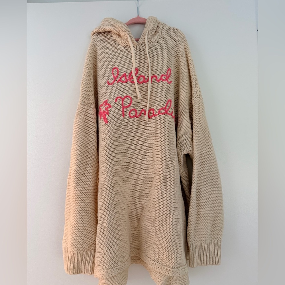 Island Parade Cream Knit Hoodie Sweater with Pink Script